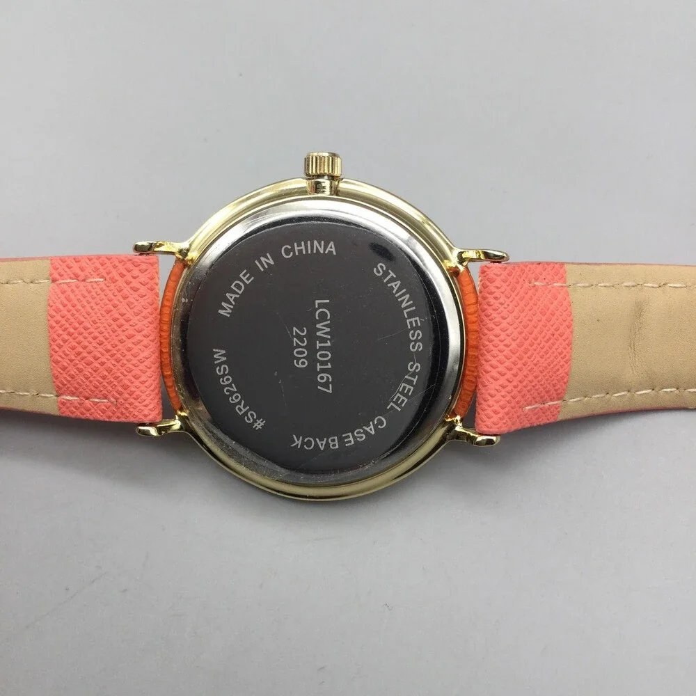 L&Co Womens Watch 36mm White Dial Gold Tone Pink Strap Crystals New Battery